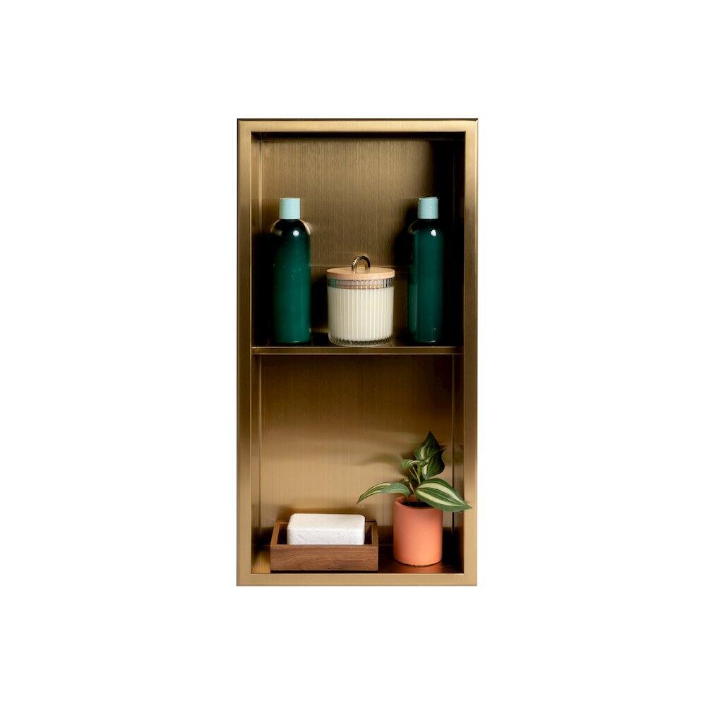 Alt View 1. Alfi - 12" x 24" Brushed Gold PVD Stainless Steel Vertical Double Shelf Shower Niche - Gold.
