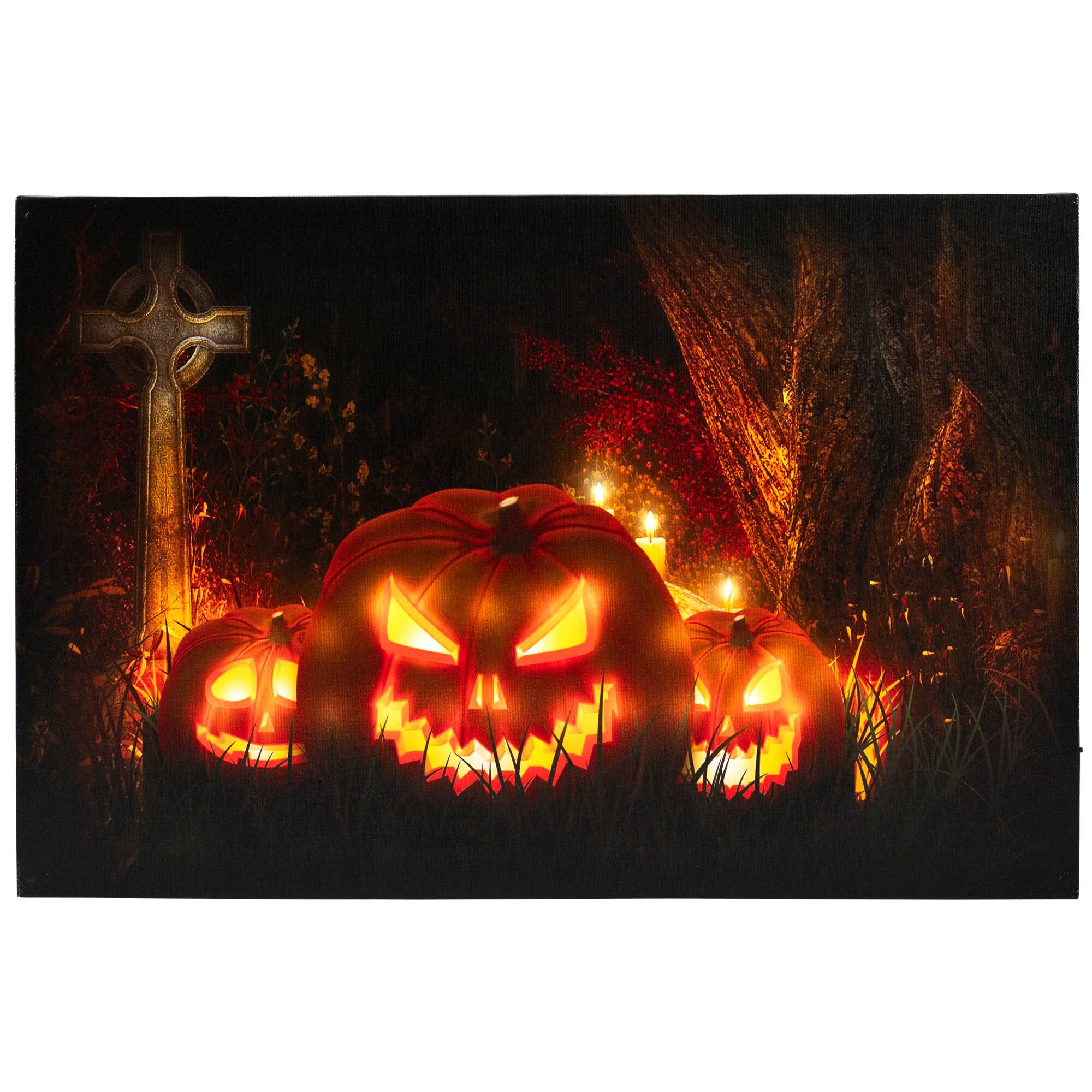 Alt View 1. Northlight - LED Lighted Jack-O-Lanterns in Cemetery Halloween Canvas Wall Art 23.5" x 15.5" - Black.