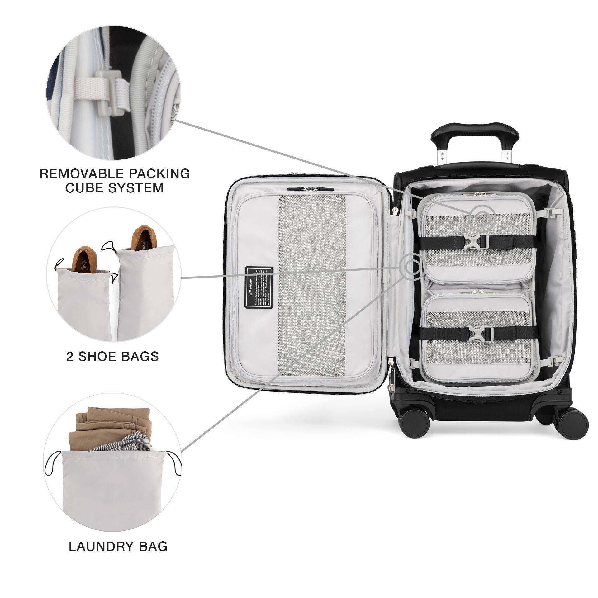 REMOVABLE PACKING CUBE SYSTEM  
2 SHOE BAGS  
LAUNDRY BAG