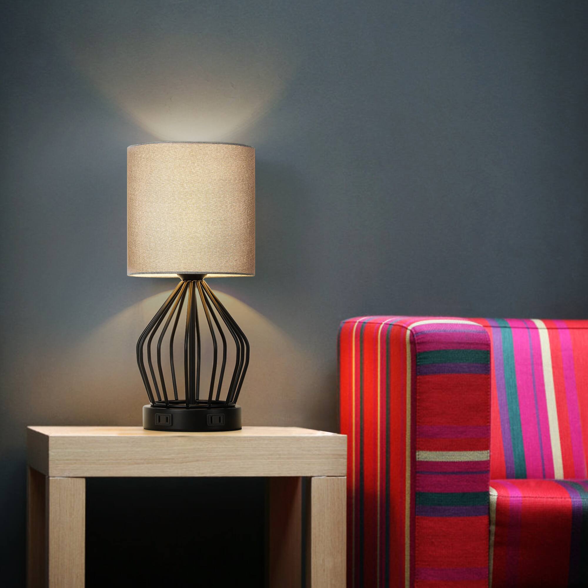 Back. Oumilen - Set of 2 Bedside Nightstand Lamp Gray Table Desk Lamp Touch Control w/Outlets.