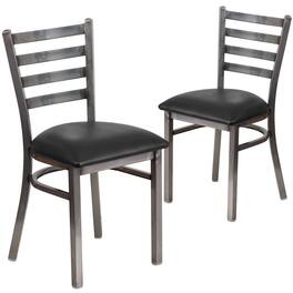 Emma + Oliver - 2 Pack Clear Coated Ladder Back Metal Restaurant Chair - Black Vinyl Seat/Clear Coated Metal Frame