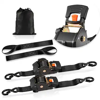 Front. VEVOR - Retractable Ratchet Straps, 2 in x 10 ft, Tie Down Straps with S Hooks, 3033 lbs Break Strength, 2 Soft Loops - Black.