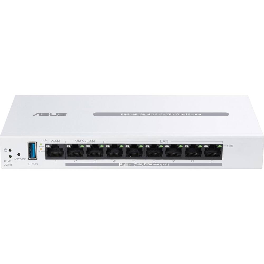 ASUS EBG1OP Gigabit PoE+ VPN Wired Router

- Link
- WAN
- WAN/LAN
- LAN
- PoE
- Reset
- USB
- PoE+ (54V, 0.6A max/port)

Ports:
1, 2, 3, 4, 5, 6, 7, 8, 9