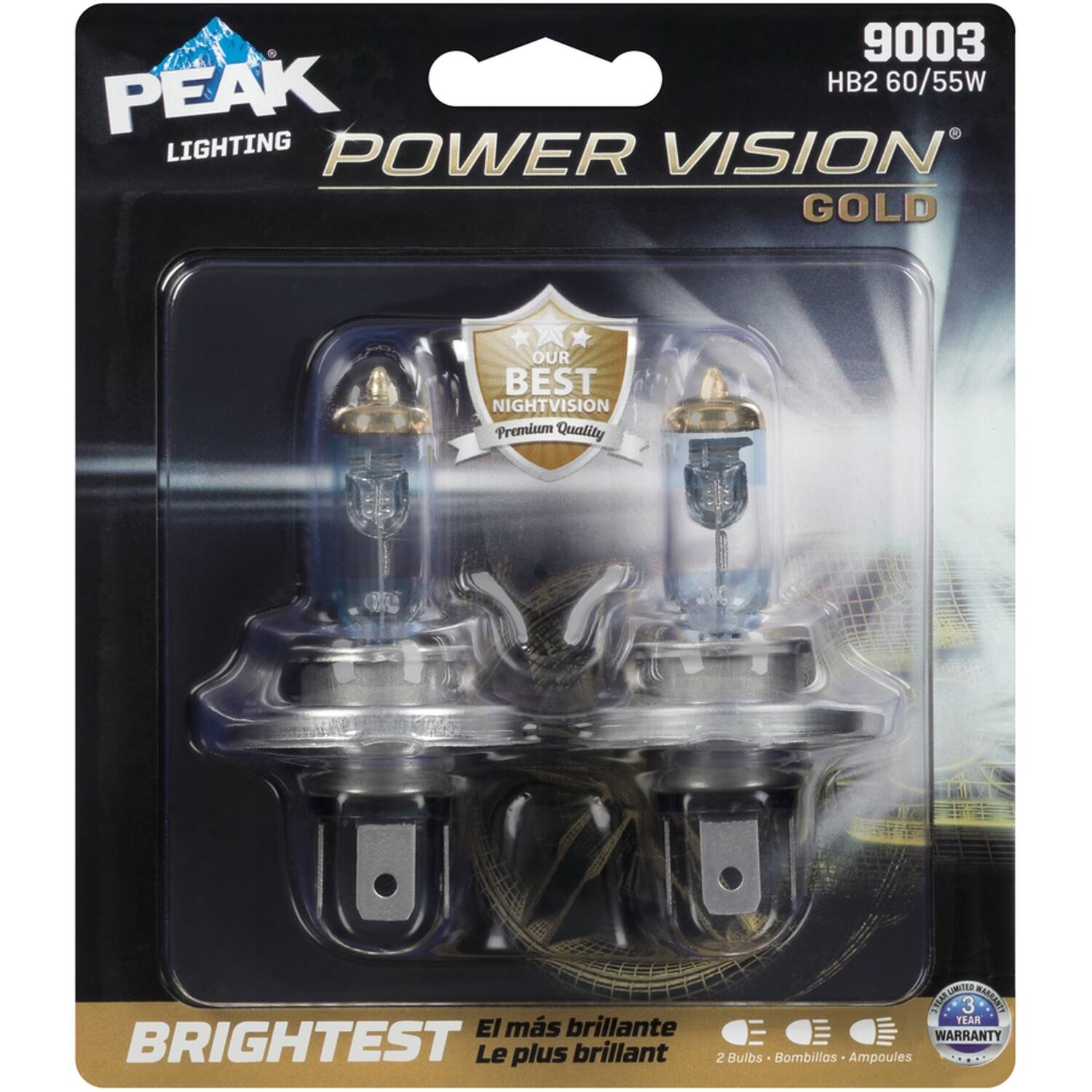 9003 PEAK HB2 60/55W LIGHTING POWER VISION GOLD OUR BEST NIGHTVISION Premium Quality TARUL 3 WARANI TEAR El más brillante WARRANTY BRIGHTEST Le plus brillant 2 Bulbs - Bombillas-Ampoules