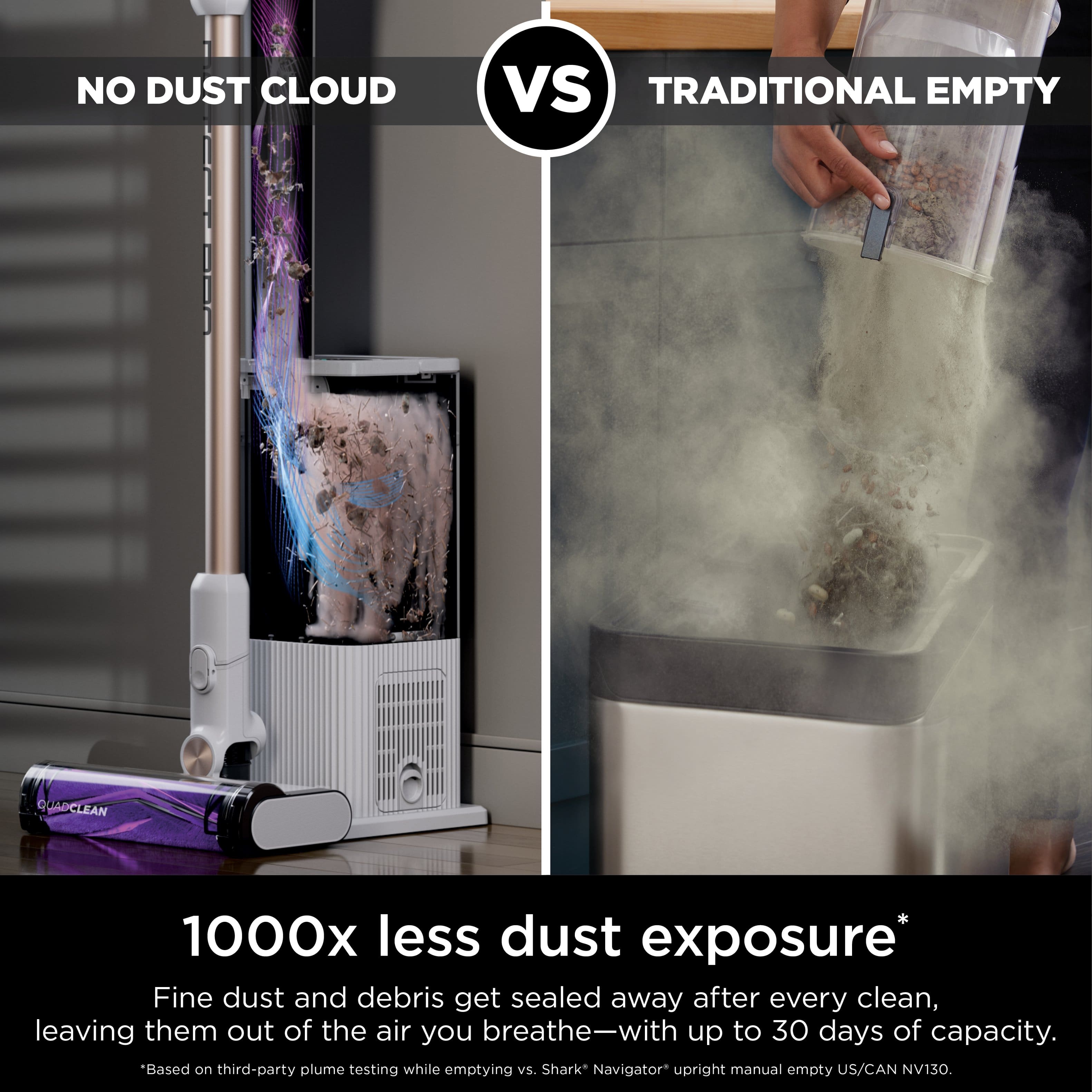 NO DUST CLOUD Vs TRADITIONAL EMPTY QHADCLEAN 1000x less dust exposure* Fine dust and debris get sealed away after every clean, leaving them out of the air you breathe-with up to 30 days of capacity. "Based on third-party plume testing while emptying vS. Shark Navigator upright manual empty US/CAN NV130.