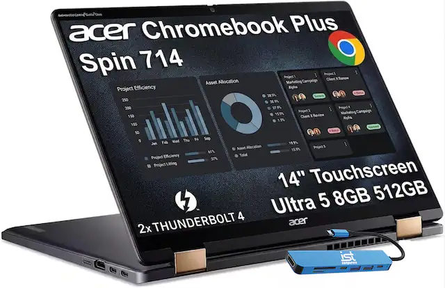 Acer Chromebook Plus Spin 714
14" Touchscreen
Ultra 5 8GB 512GB
2x THUNDERBOLT 4
Project Efficiency
- Project 1: 28.9%
- Project 3: 27.9%
- Project 4: 15.9%
- Project 5: 19.9%
- Project 6: 61%
- Project Listing: 37%
Asset Allocation
- Project 1: 28.9%
- Project 3: 15.9%
- Total: 15.9%
Marketing Campaign
- Project 1: Alpha
- Project 3: Client X Review
- Project 4: Marketing Campaign Alpha
Client X
- Alpha: 150
- Review: 150
- Approved: 50
ist Computers