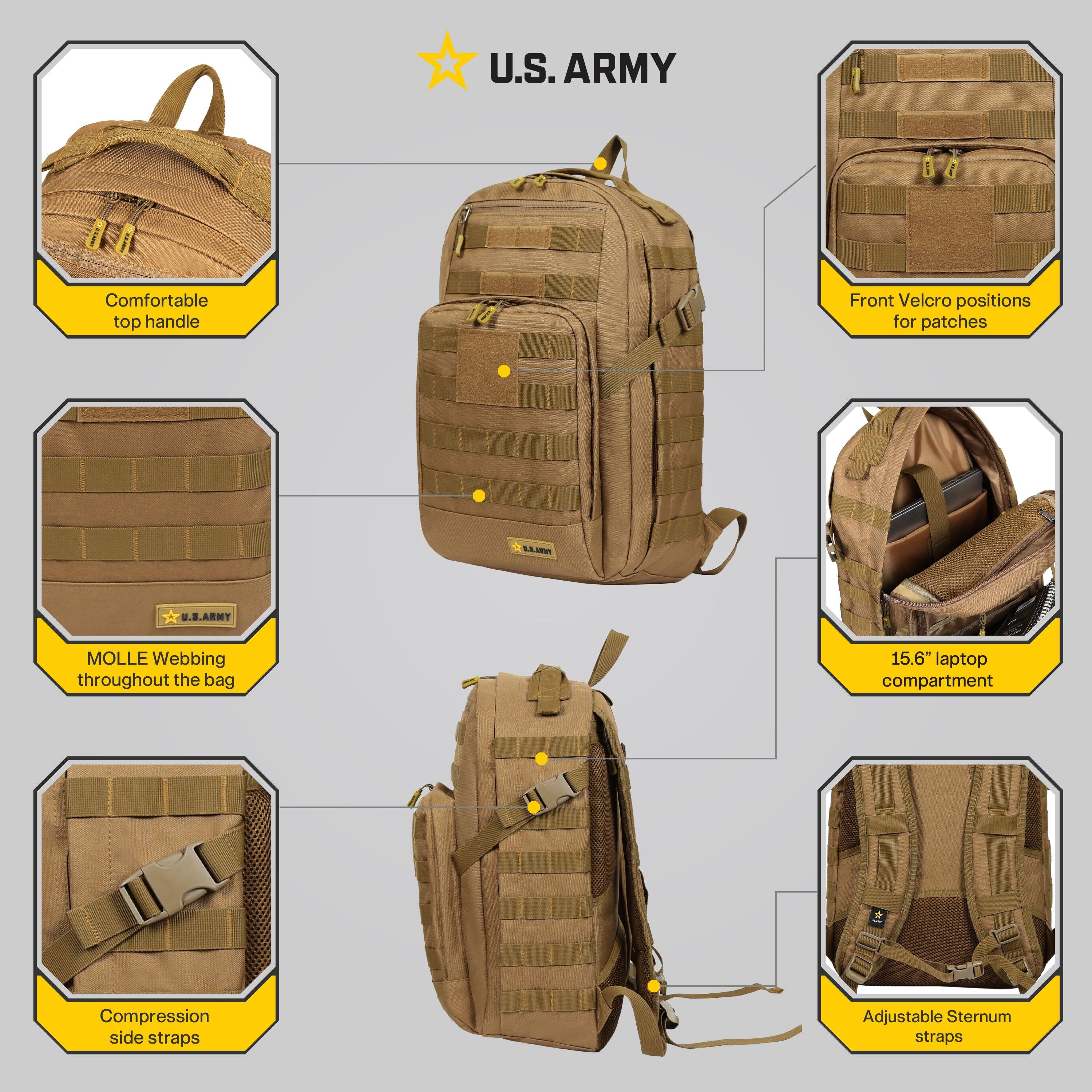 U.S. ARMY

- Comfortable top handle
- Front Velcro positions for patches
- MOLLE Webbing throughout the bag
- 15.6" laptop compartment
- Compression side straps
- Adjustable Sternum straps