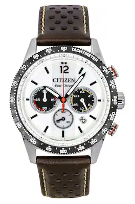 Citizen - Eco-Drive Chronograph Analog Brown Leather Strap Dial Solar CA4714-04A 100M Men's Watch - White