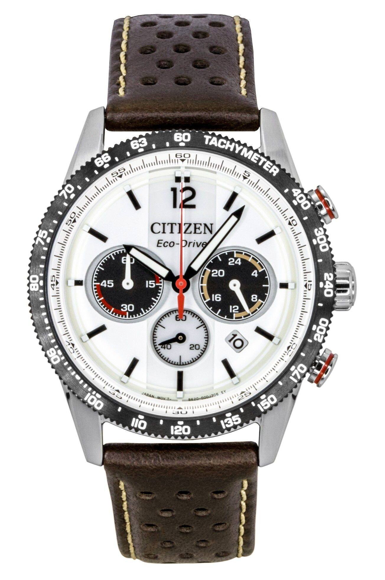 Citizen - Eco-Drive Chronograph Analog Brown Leather Strap Dial Solar CA4714-04A 100M Men's Watch - White