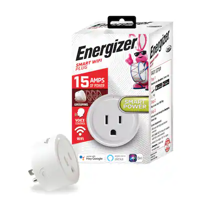 Energizer Smart WiFi Plug
15 AMPS of Power
Features:
- Grouping
- Voice Control
- WiFi
Works with:
- Hey Google
- Alexa
- Siri
Easy Setup:
1. Download the Energizer Smart Plug app
2. Plug in your Smart WiFi Plug
3. Set and control through the app
Smart Power