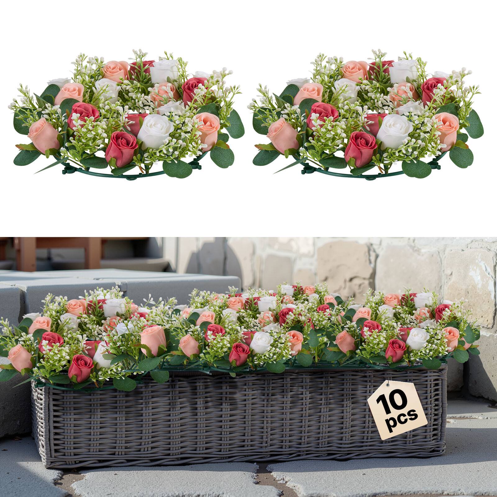 Front. VEVOR - 10 PCS Artificial Rose Wreath, 14-Inch Diameter Faux Flower Wreath with Pink and White Roses - Pink,White,Green.