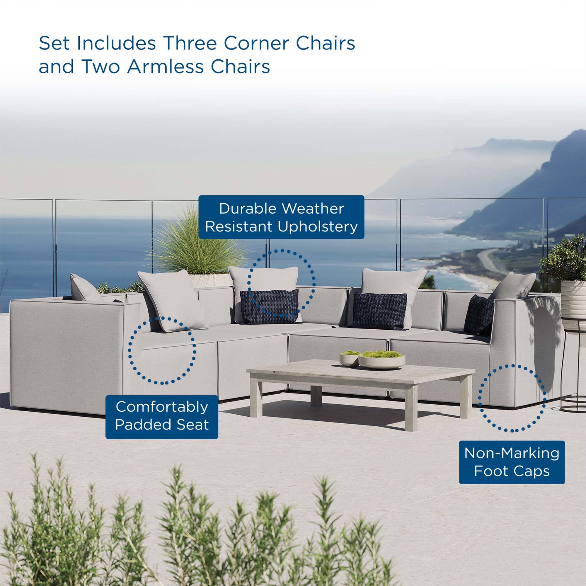 Set Includes Three Corner Chairs and Two Armless Chairs

- Durable Weather Resistant Upholstery
- Comfortably Padded Seat
- Non-Marking Foot Caps