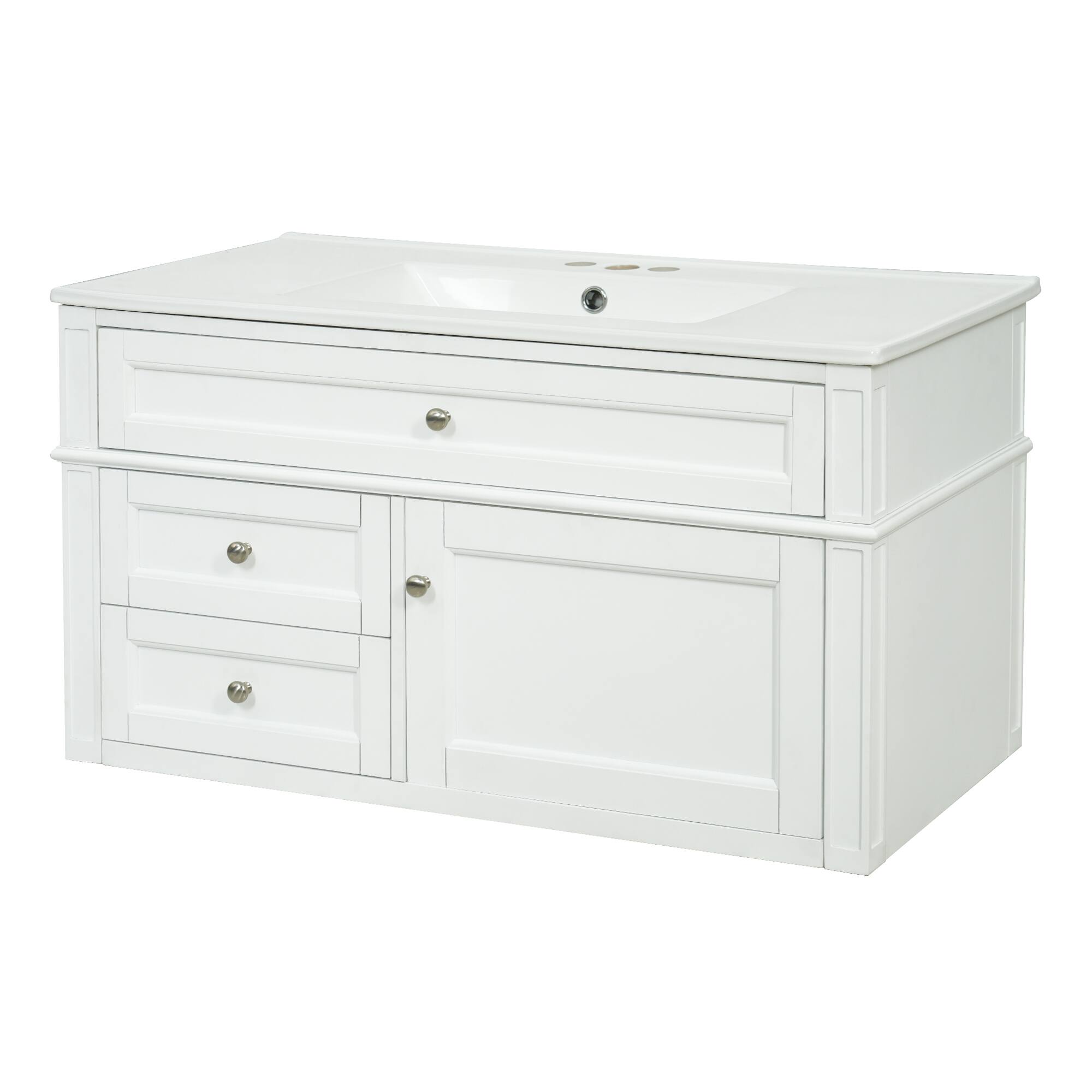 Left. Whisen - 36" Wall Mounted Bathroom Vanity Cabinet with 3 Holes Single Ceramic Sink 2 Drawers 1 Tip-out Drawer - White.