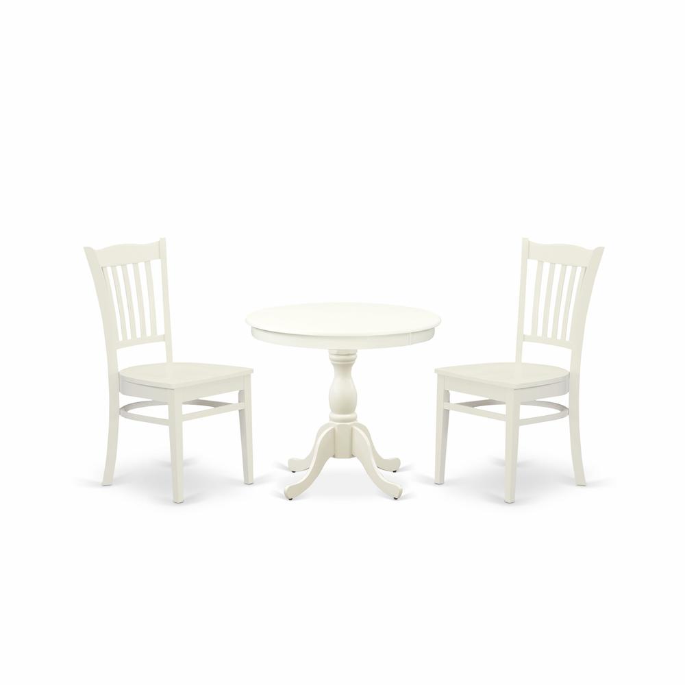 Back. East West Furniture - AMGR3-LWH-W 3 Pc Wooden Dining Table Set - 1 Dining Table and 2 Linen White Kitchen Chair - Linen White Finish - Linen White.