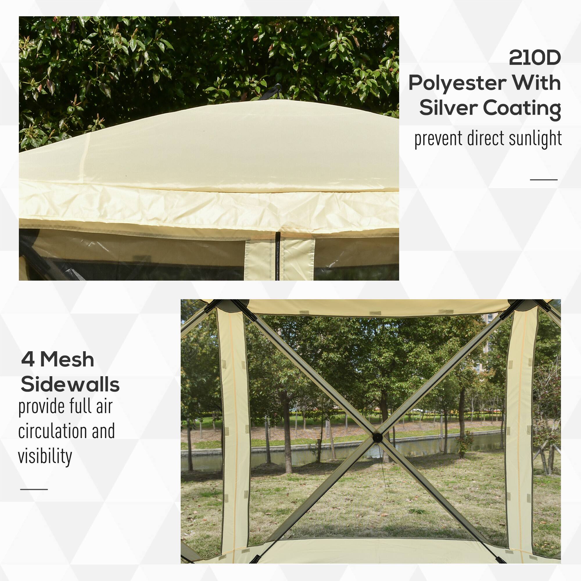 210D Polyester With Silver Coating prevent direct sunlight
4 Mesh Sidewalls provide full air circulation and visibility