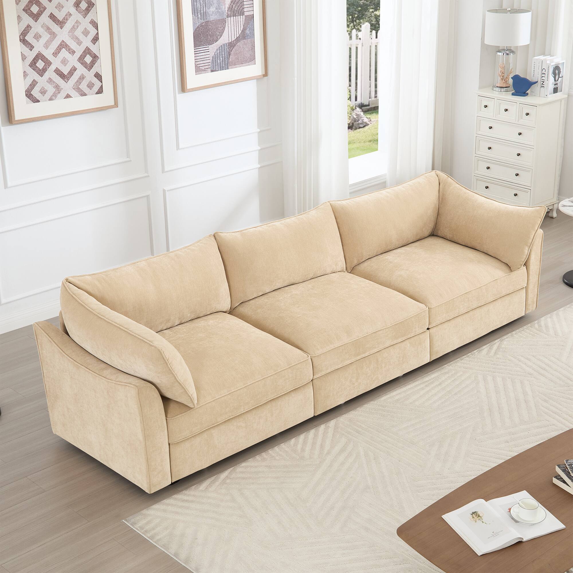 Angle. Aukfa - 3-Seater Sofa with Pull-Out Drawers - Crescent-Shaped Armrests, Chenille Fabric, Wraparound Cushions - Hazelwood.