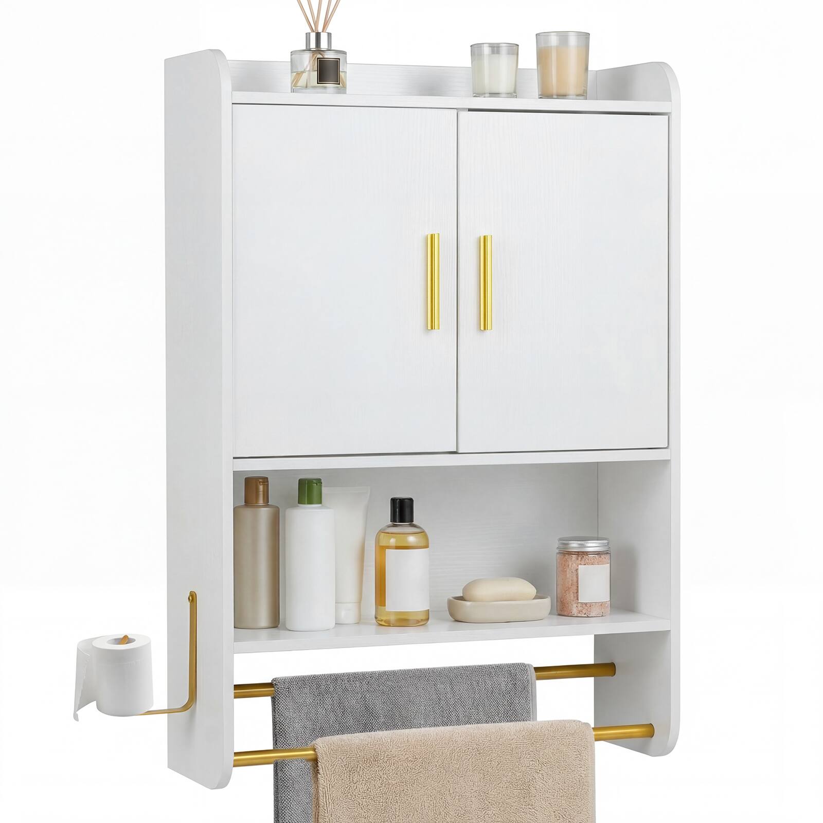 Alt View 1. Costway - Costway Bathroom Wall Cabinet with Towel Bars & Toilet Paper Holder for Laundry Room - White.