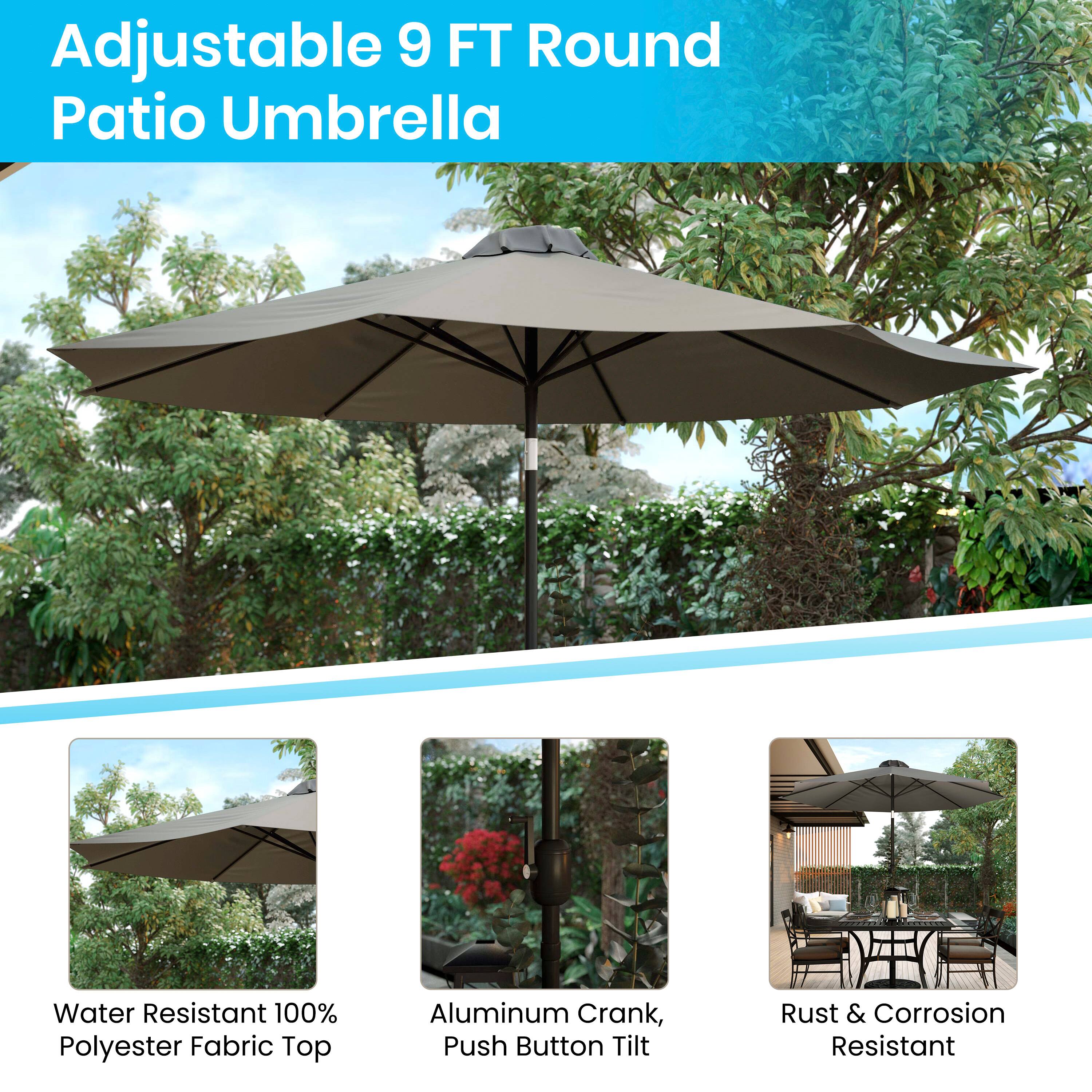 Adjustable 9 FT Round Patio Umbrella

- Water Resistant 100% Polyester Fabric Top
- Aluminum Crank, Push Button Tilt
- Rust & Corrosion Resistant