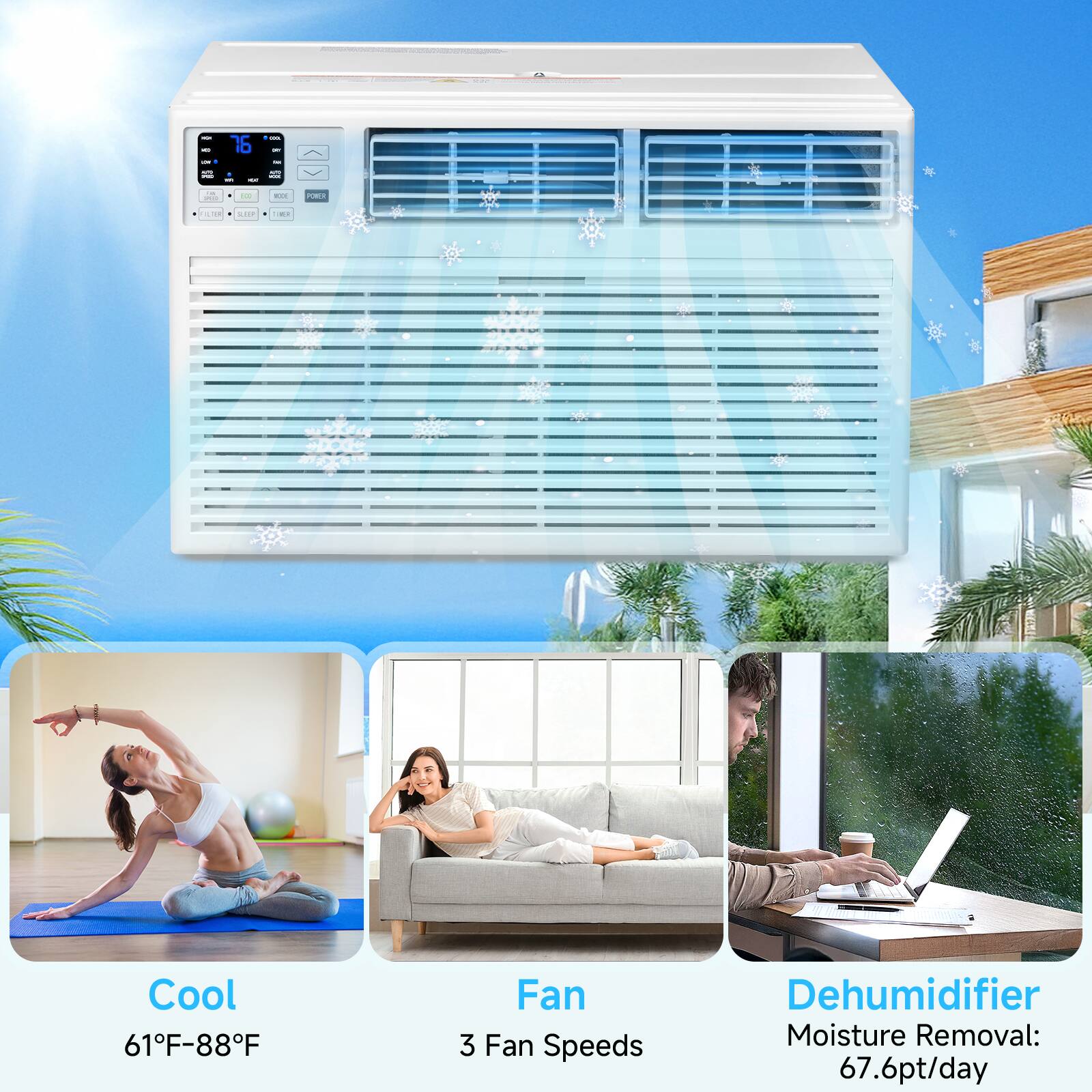 - Cool 61°F-88°F
- 3 Fan Speeds
- Dehumidifier Moisture Removal: 67.6pt/day