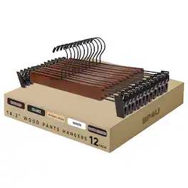 BP4U - 12-Pack Wooden Adjustable Pants Hangers, Solid Wood Bottom Skirt/Trousers Hangers with Wrinkle-Free Design - Walnut