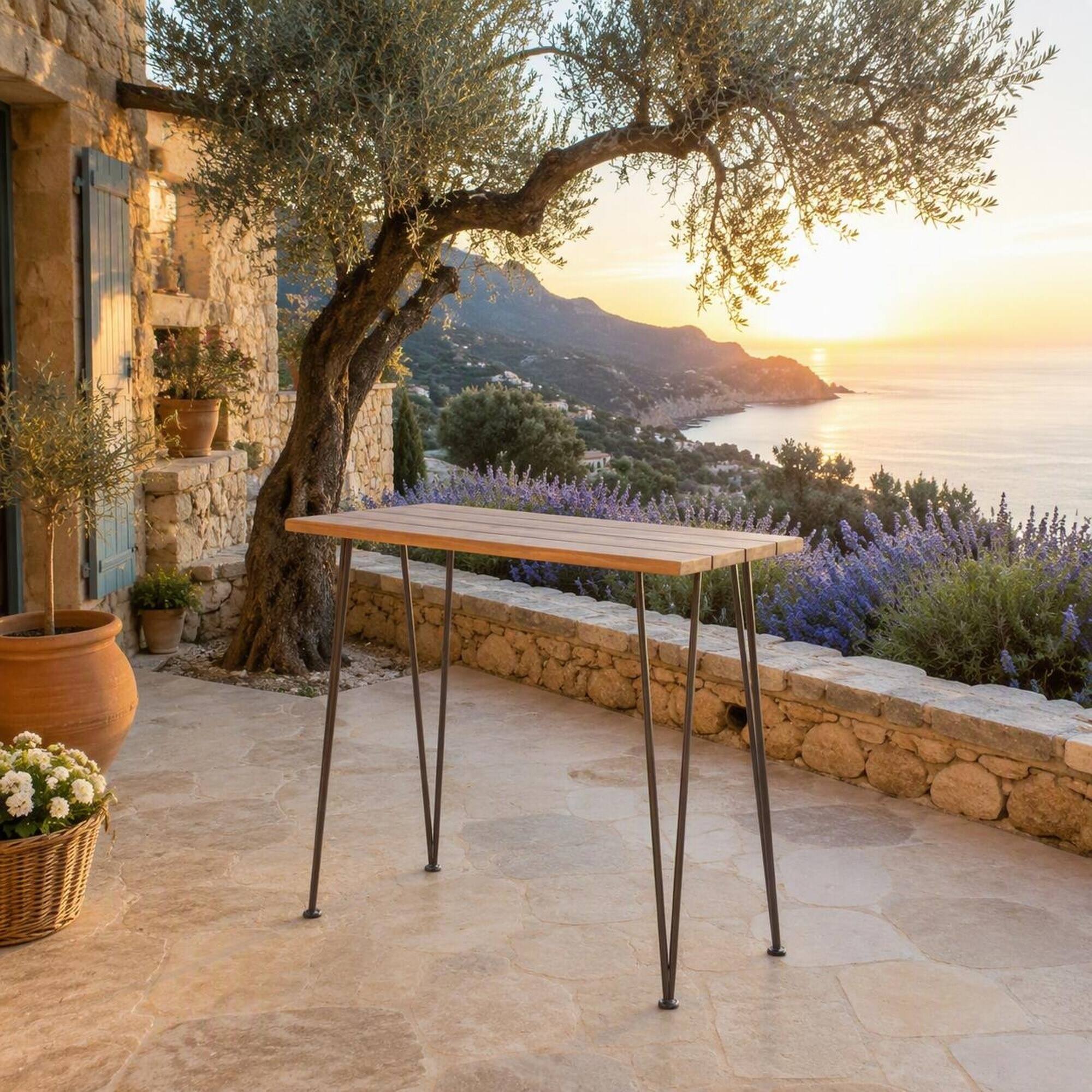 Back. RYHNUYNE - Outdoor Industrial Counter Height Bar Table, Acacia Wood Top with Dark Metal Hairpin Legs for Patio Backyard Garden - Teak+ Black.