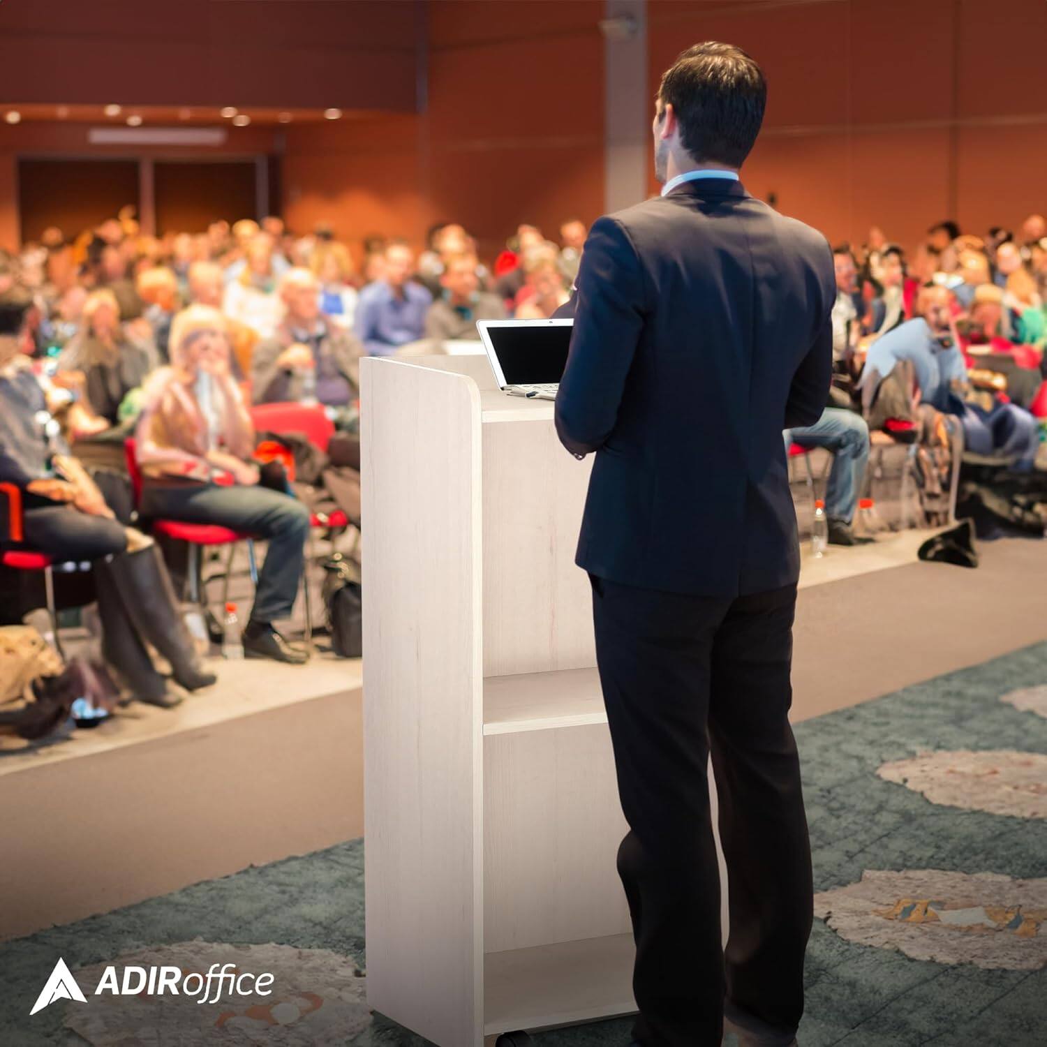 Alt View 5. AdirOffice - Podium Lectern, Wood Mobile Presentation Lectern Stand with Shelves - White.
