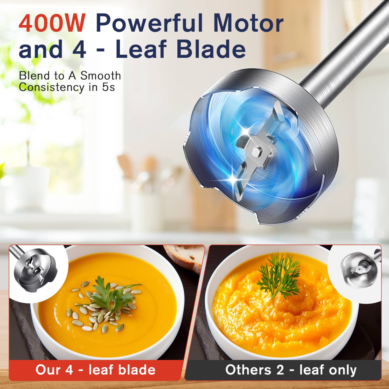 400W Powerful Motor and 4-Leaf Blade  
Blend to A Smooth Consistency in 5s  

Our 4-leaf blade  
Others 2-leaf only