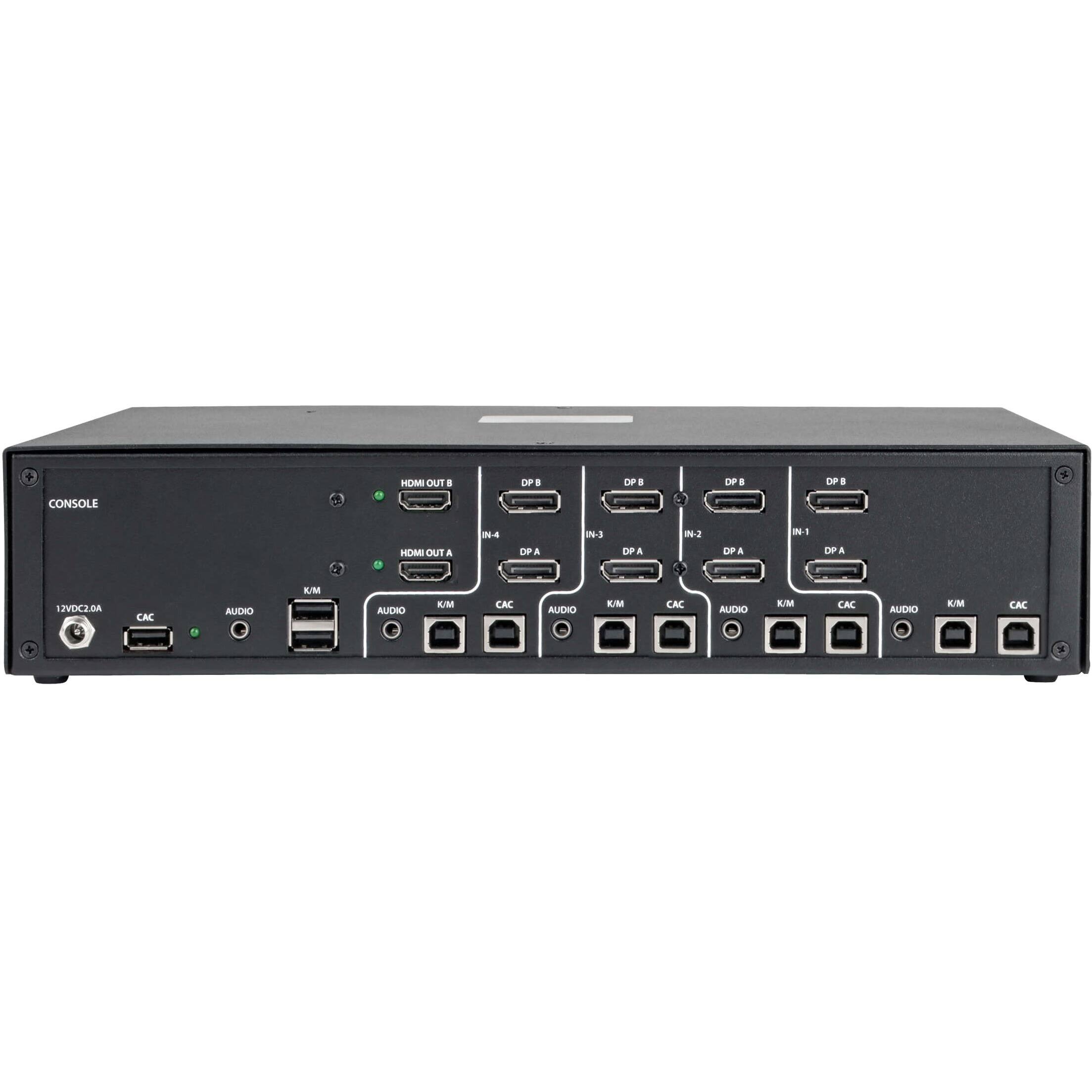 CONSOLE  
HDMI OUT A  
HDMI OUT B  
DP A  
DP A  
DP A  
DP A  
DP B  
DP B  
DP B  
DP B  
IN-1  
IN-2  
IN-3  
IN-4  
12VDC 2.0A  
CAC  
AUDIO  
K/M  
CAC  
AUDIO  
K/M  
CAC  
AUDIO  
K/M  
CAC