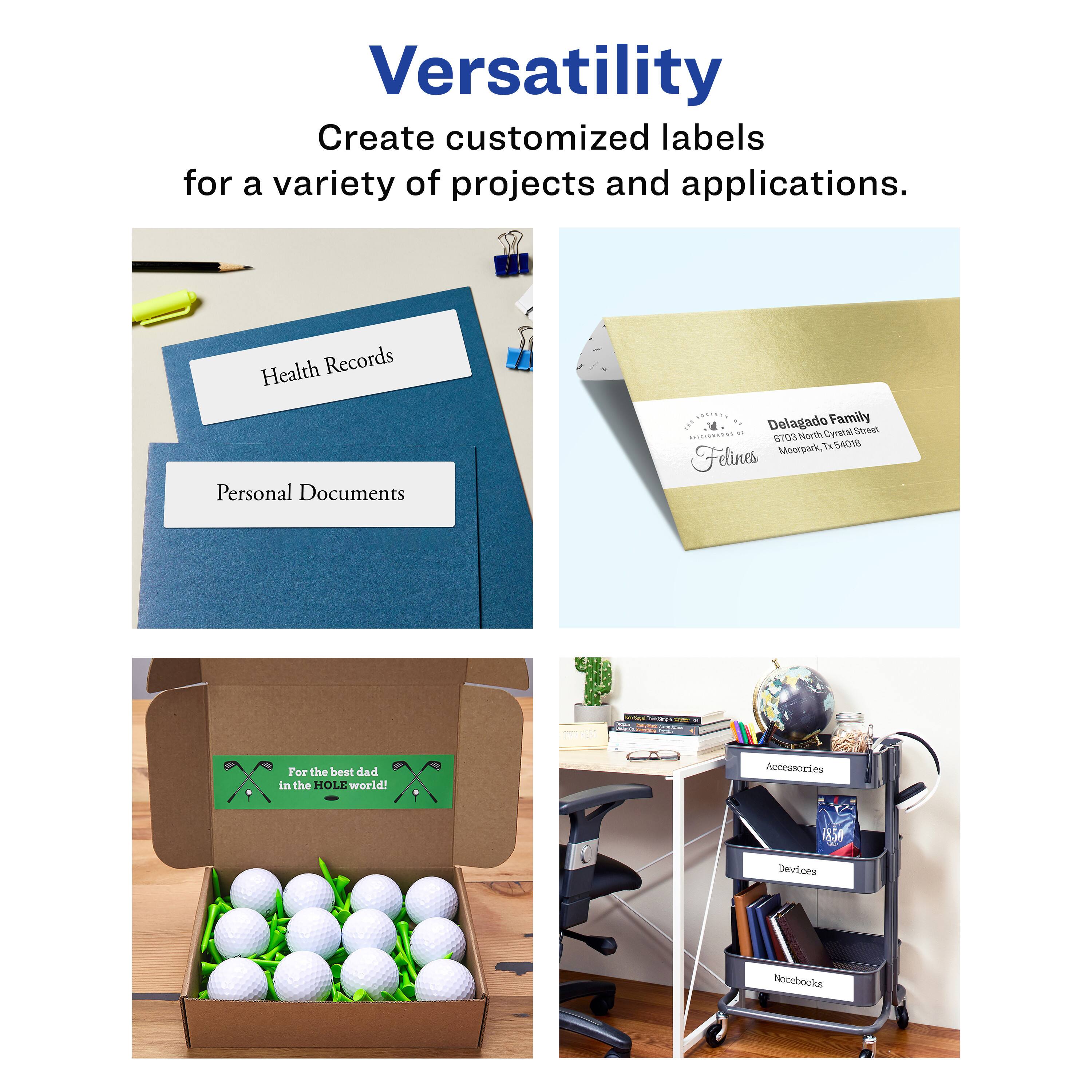 Versatility  
Create customized labels for a variety of projects and applications.  

Health Records  
Personal Documents  

Family  
1N1  
1. Delagado  
11880099 - North Crystal Street  
6703 Mooepark, TX 54608  

For the best dad in the HOLE world!  

Accessories  
Devices  
Notebooks