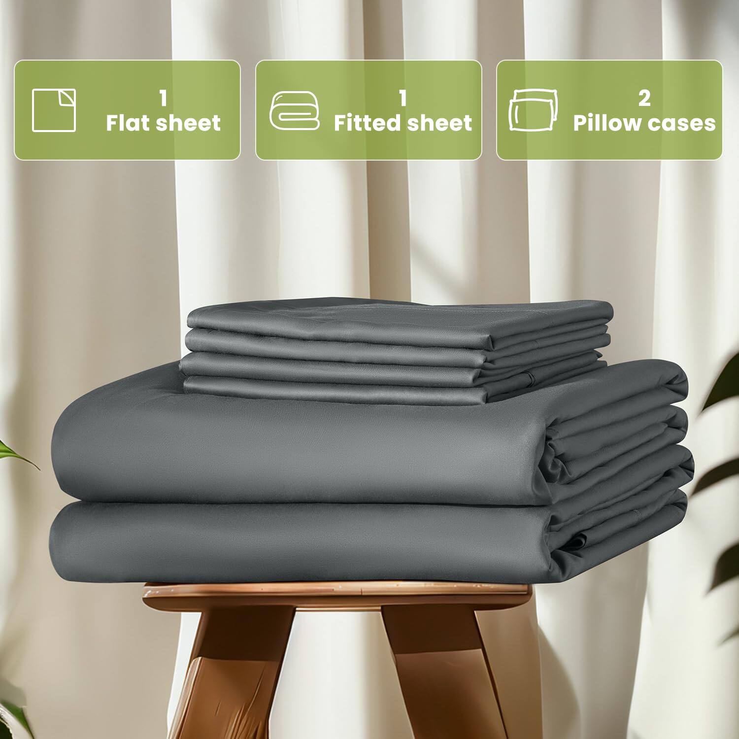 1 Flat sheet  
1 Fitted sheet  
2 Pillow cases