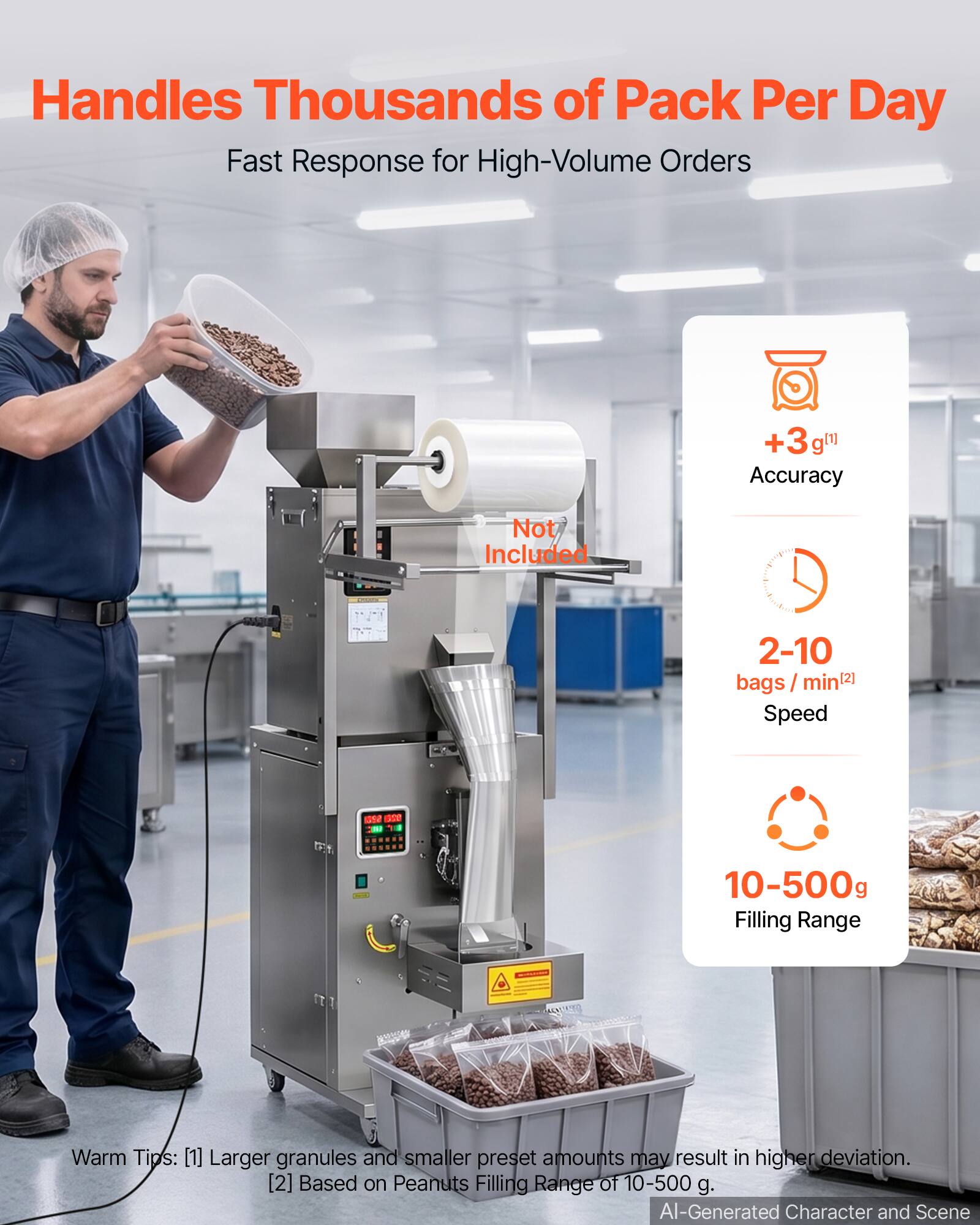 Handles Thousands of Pack Per Day  
Fast Response for High-Volume Orders  

+3g(1) Accuracy  
Not Included  
2-10 bags/min(2) Speed  
10-500g Filling Range  

Warm Tips:  
[1] Larger granules and smaller preset amounts may result in higher deviation.  
[2] Based on Peanuts Filling Range of 10-500g  

AI-Generated Character and Scene