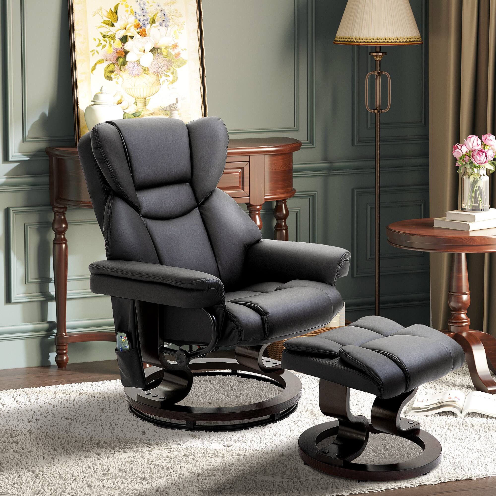 Alt View 1. Homcom - Massage Recliner Chair with Ottoman Footrest, 10 Vibration Points, 360° Swivel Reclining Chair, Faux Leather Living Room - Black.