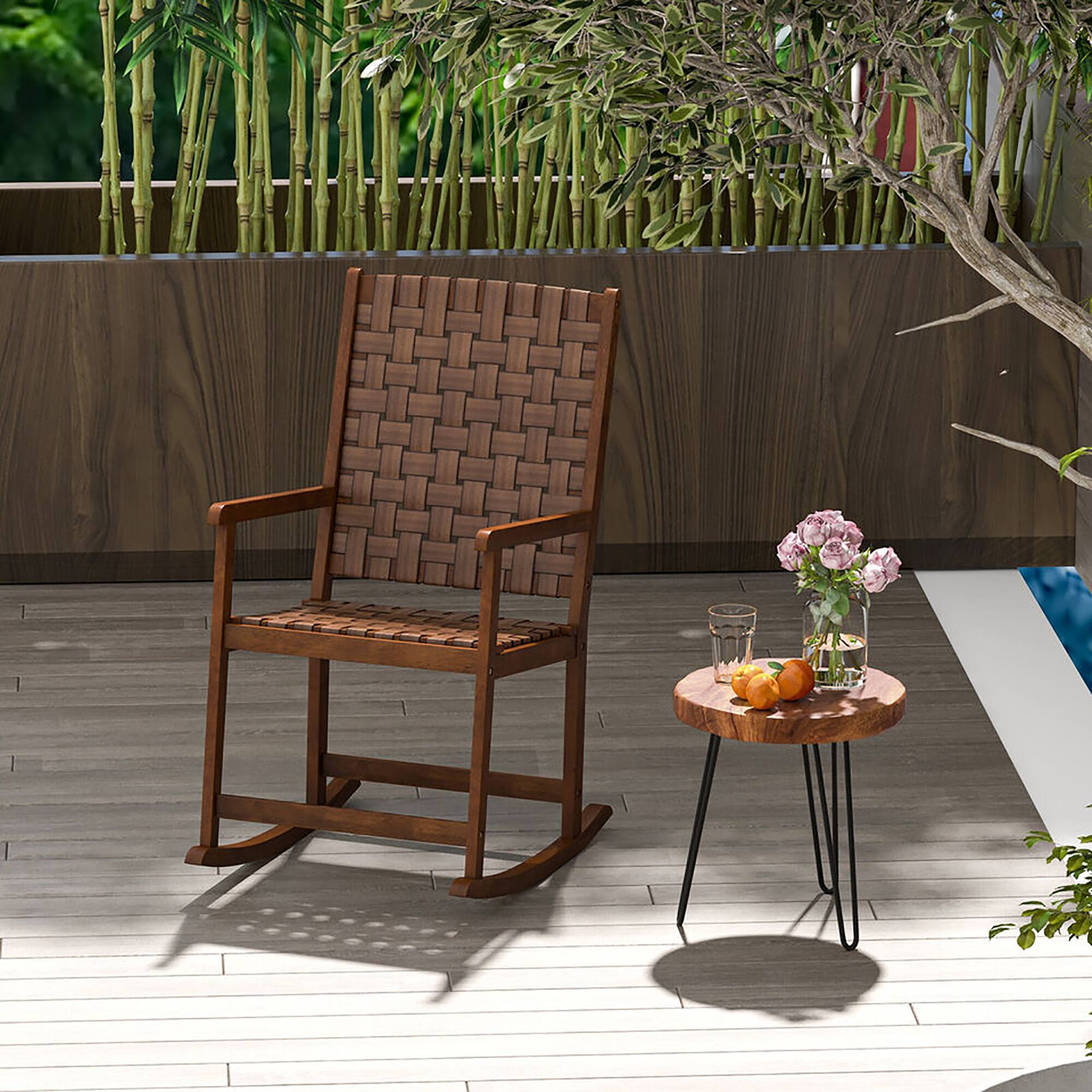 Alt View 4. Gymax - Gymax 2PCS Rocking Chair w/PU Seat & Rubber Wood Frame Safe & Smooth Rocking Motion - Brown.