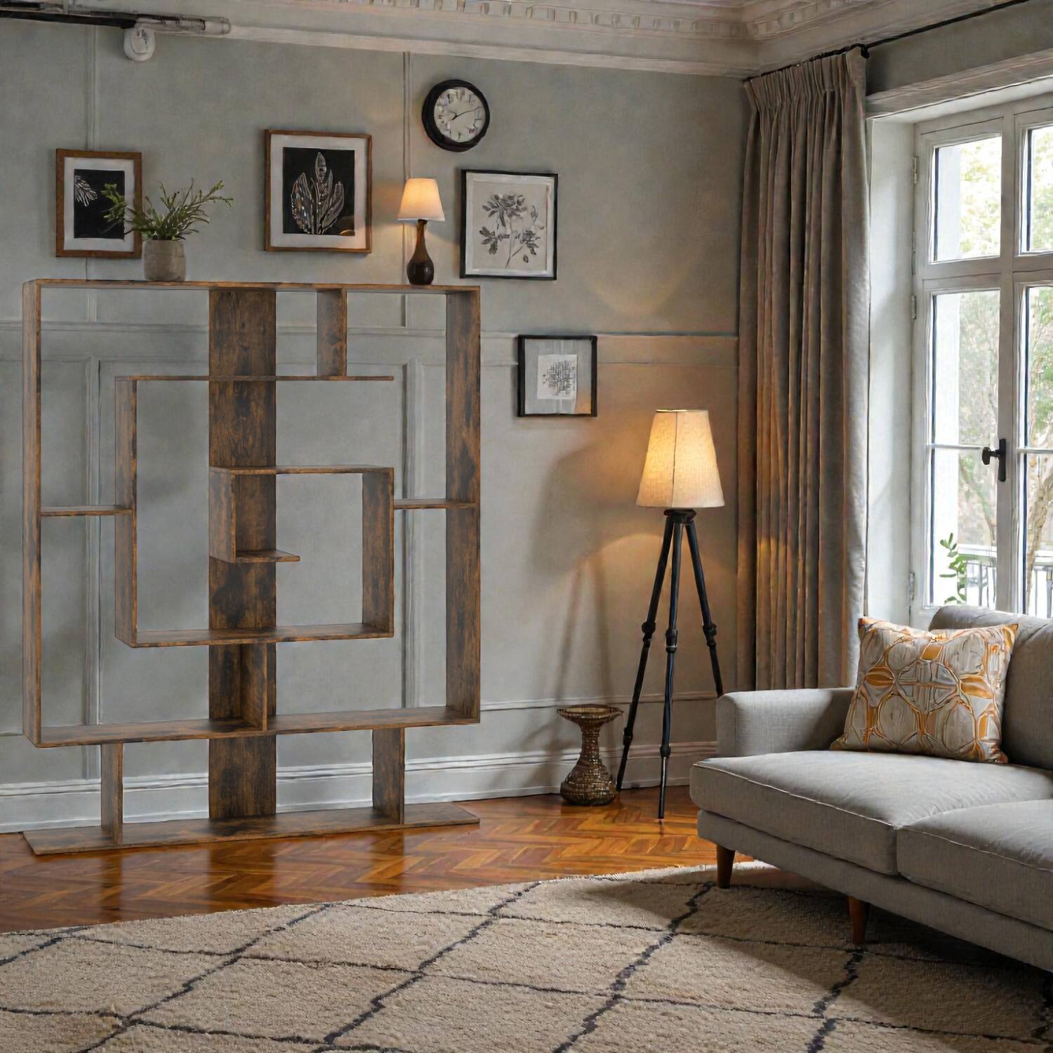 Front. Hivvago - Modern 7-Shelf Display Rack for Books, Plants, and Office Decor - Rustic Brown.