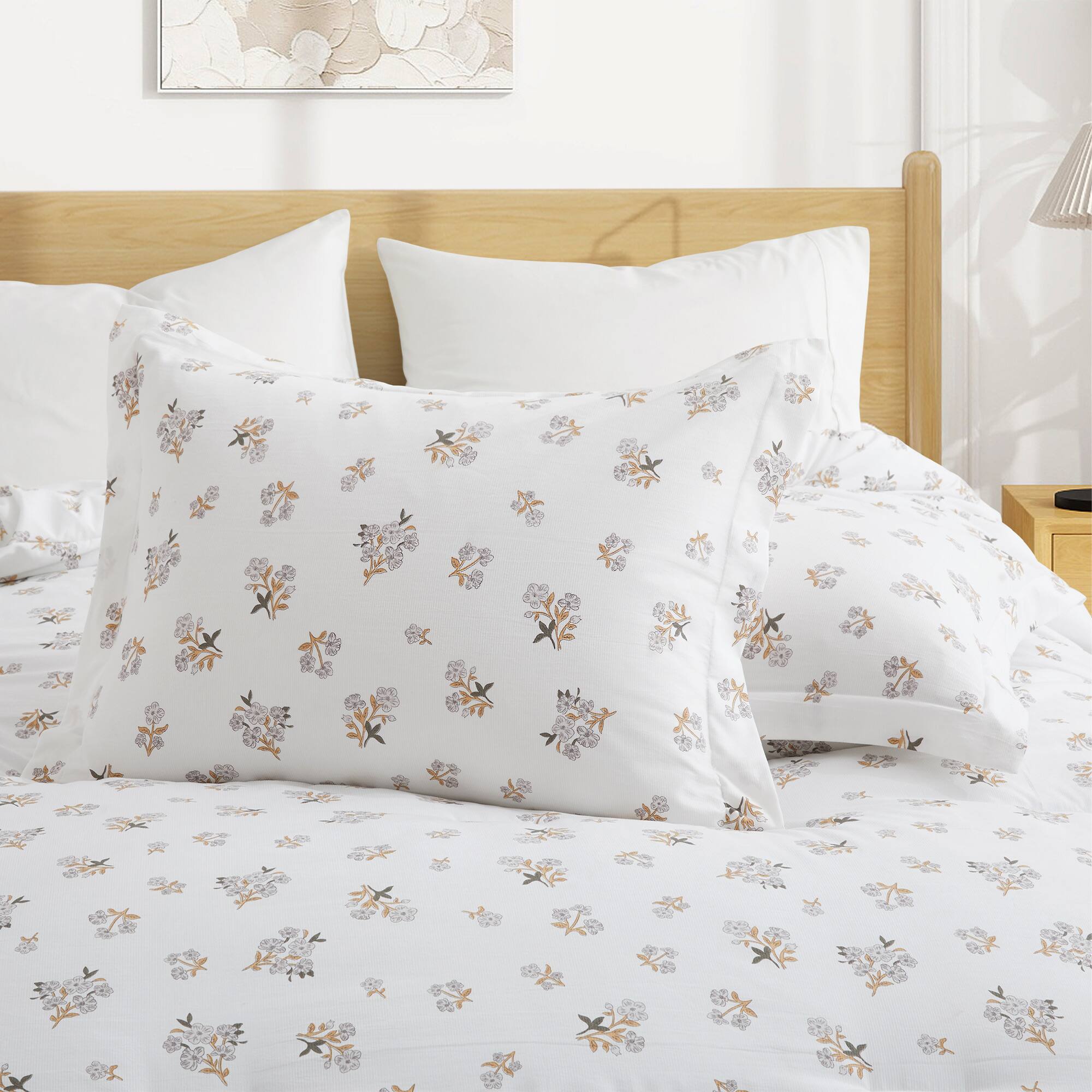 Angle. Peace Nest - Peace Nest Floral Printed Comforter Set with Pillowcases, Bedding Set for All Season - White.