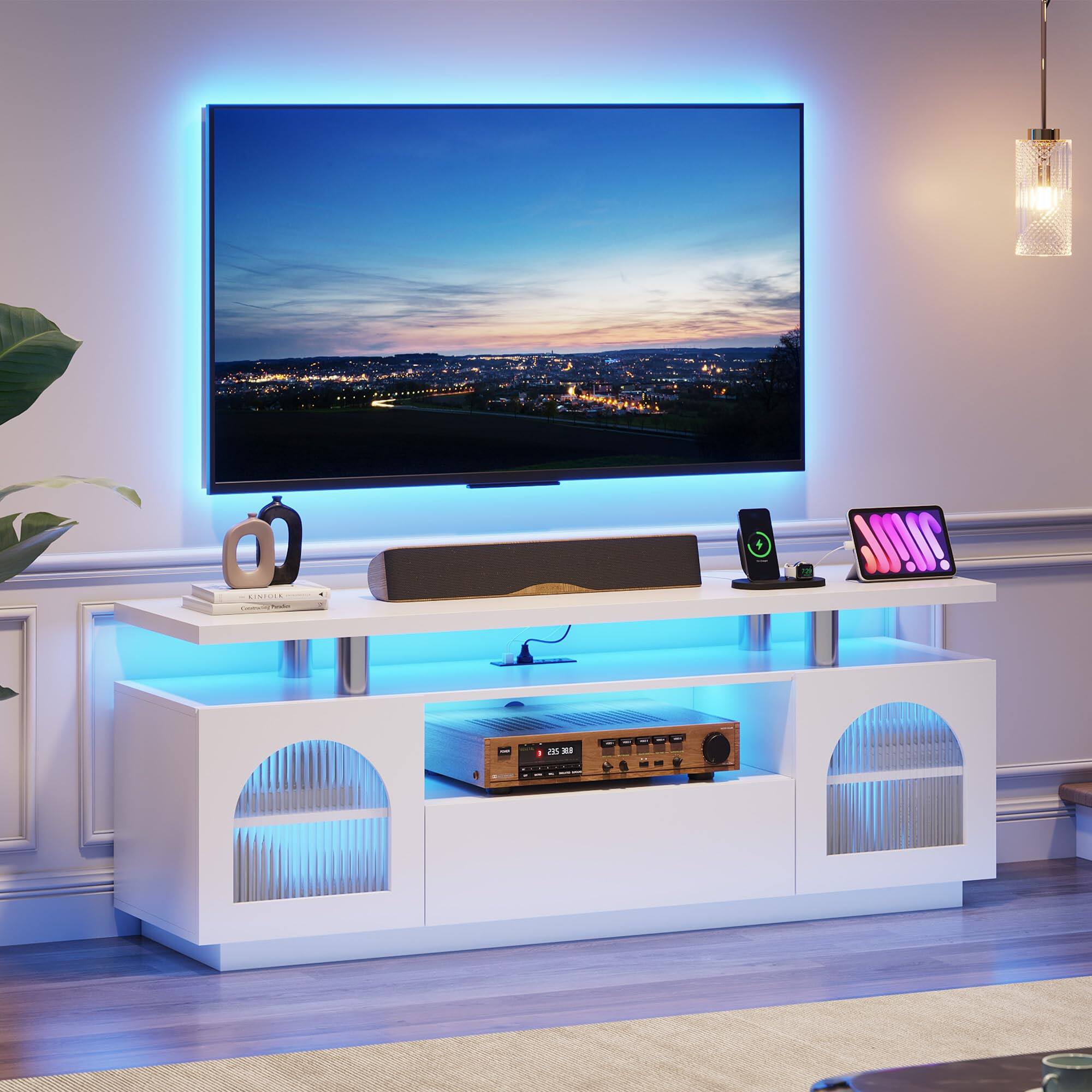 Jojoka - 59" Modern TV Stand for 65 Inch TV, Entertainment Center with Power Outlet, Storage & Lighting - White