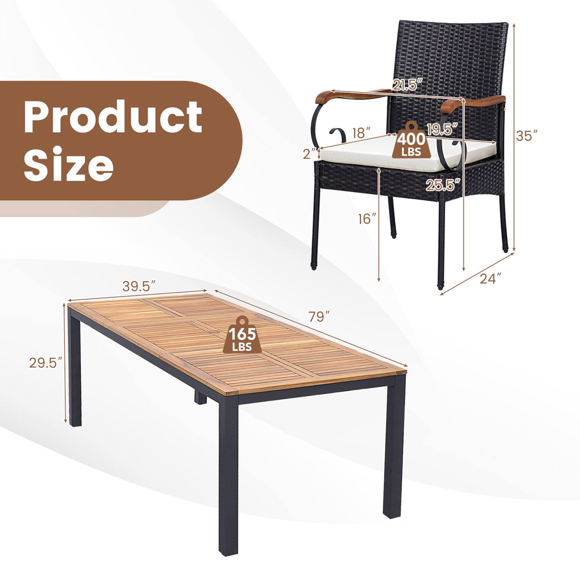 Product Size  
2" 18" 21.5" 19.5" 400 LBS  
25.5" 35" 16" 39.5" 24" 29.5" 165 LBS  
79"