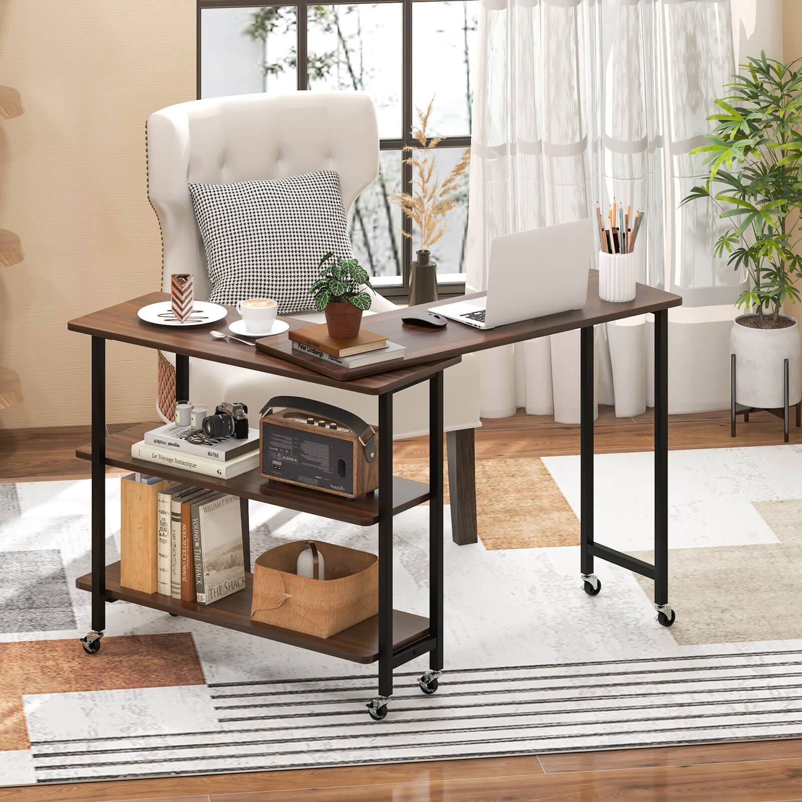 The image shows a desk with a laptop, a cup, and a potted plant on it. The desk is placed on a rug, and there is a chair nearby. The scene also includes a bookshelf with several books on it. Additionally, there are two vases and a potted plant in the room, adding to the overall aesthetic.