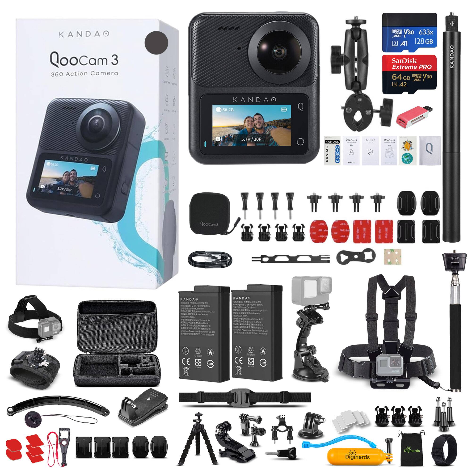 KANDAO QooCam 3 360 Action Camera  
- 5.7K/30P  
- 633x NE  
- A1  
- 128 GB SanDisk Extreme PRO 64GB  
- A2  
- 56.20  
- KANDAO  
- N3  
- 1  
- 5.7K/30P  
- TAUAN  
- ANDAD  
- UNTA  
- Soecon  
- Q 5N/R0P  
- Goocam3  
- KANDAS  
- CE 0S  
- CE 3  
- HEHO  
- mO 00  
- Diginerds  
- originande