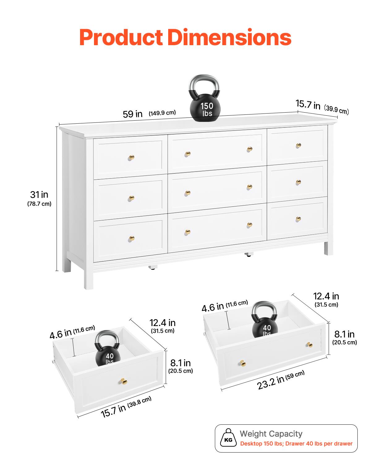 Product Dimensions

- 59 in (149.9 cm)
- 31 in (78.7 cm)
- 15.7 in (39.9 cm)
- 4.6 in (11.6 cm)
- 12.4 in (31.5 cm)
- 8.1 in (20.5 cm)
- 23.2 in (59 cm)

Weight Capacity
- Desktop: 150 lbs
- Drawer: 40 lbs per drawer