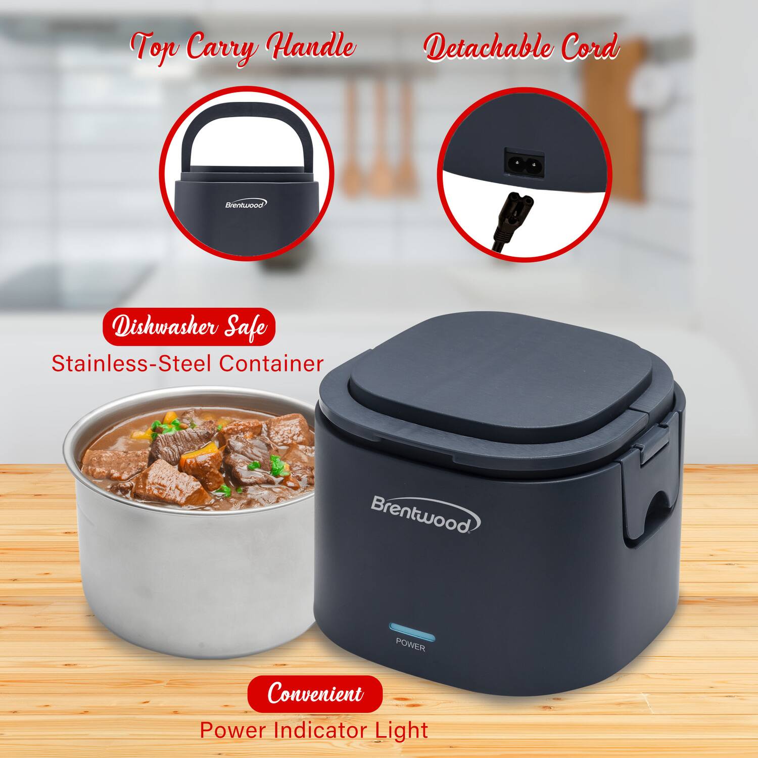 - Top Carry Handle
- Detachable Cord
- Dishwasher Safe Stainless-Steel Container
- Convenient Power Indicator Light