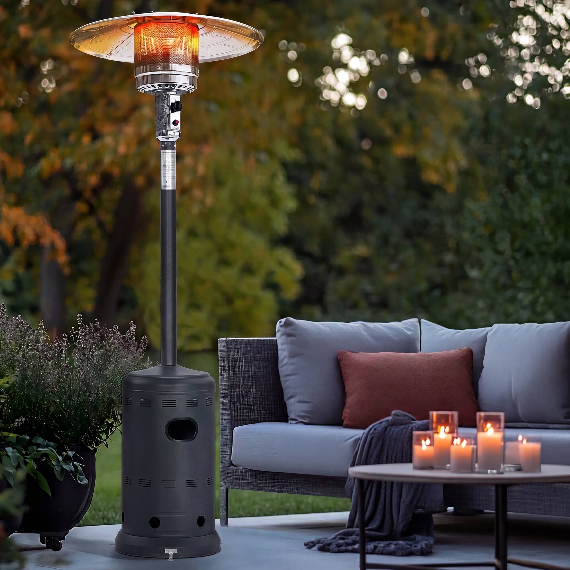 Back. Nuu Garden - Metal Sparkling Gray Outdoor Heater with Wheels, ETL Certified.