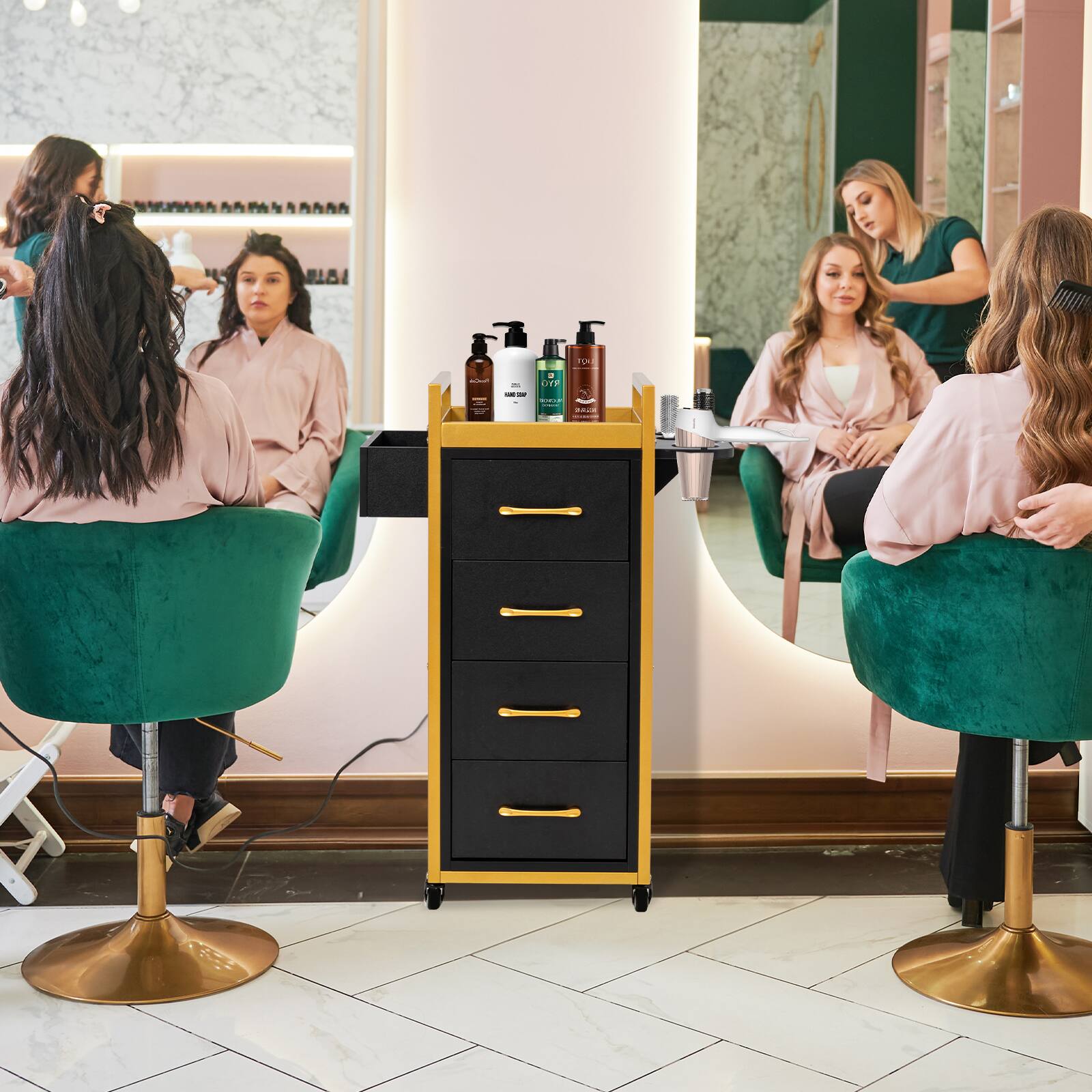 Alt View 8. Winado - Trolley Cart Mobile Salon Station with 4 Drawers, 5 Hot Tool Holders, Side Storage Shelf for Hair Salons, Beauty, Spas - Black & Gold.