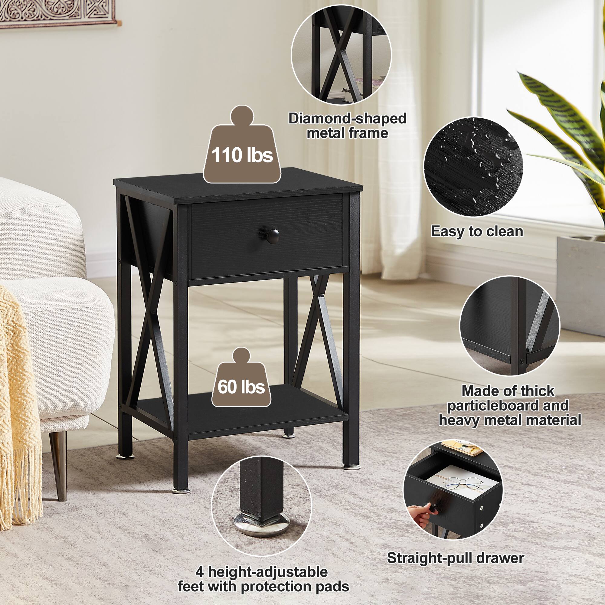 - Diamond-shaped metal frame
- 110 lbs
- Easy to clean
- 60 lbs
- Made of thick particleboard and heavy metal material
- Straight-pull drawer
- 4 height-adjustable feet with protection pads