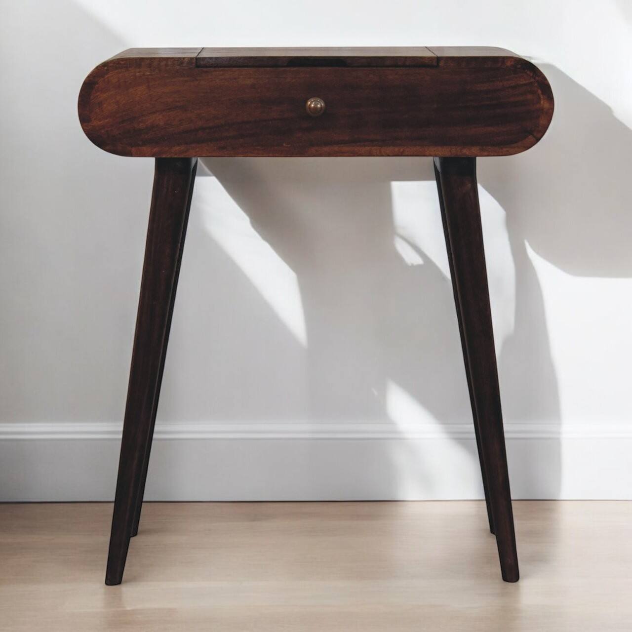 Angle. Artisan Furniture - Artisan Furniture Solid Wood Mini California Walnut Dressing Table with Foldable Mirror, 4 Storage Compartments - Dark Brown.