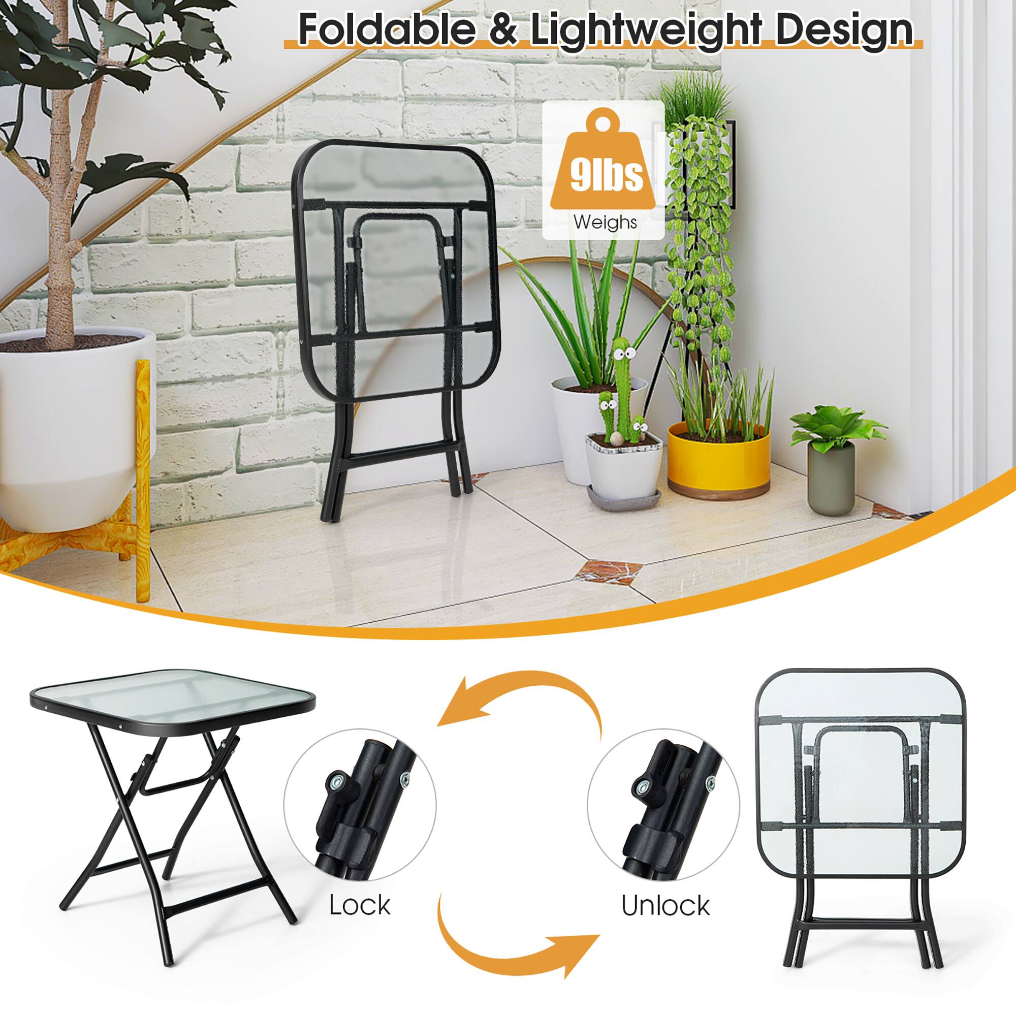 Foldable & Lightweight Design  
9lbs Weighs  
Lock Unlock