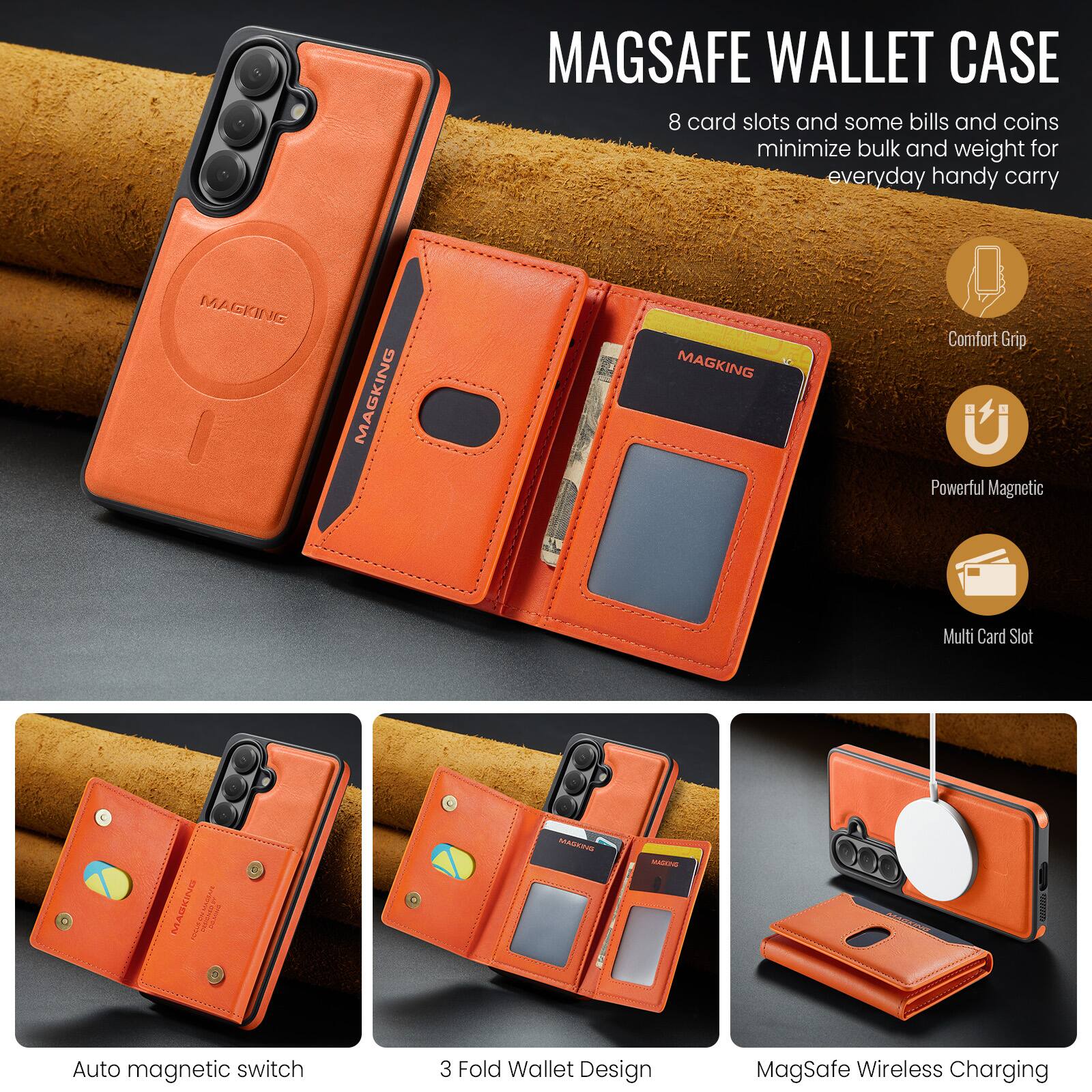 MAGSAFE WALLET CASE  
8 card slots and some bills and coins minimize bulk and weight for everyday handy carry

Comfort Grip  
Powerful Magnetic  
Multi Card Slot

Auto magnetic switch  
3 Fold Wallet Design  
MagSafe Wireless Charging