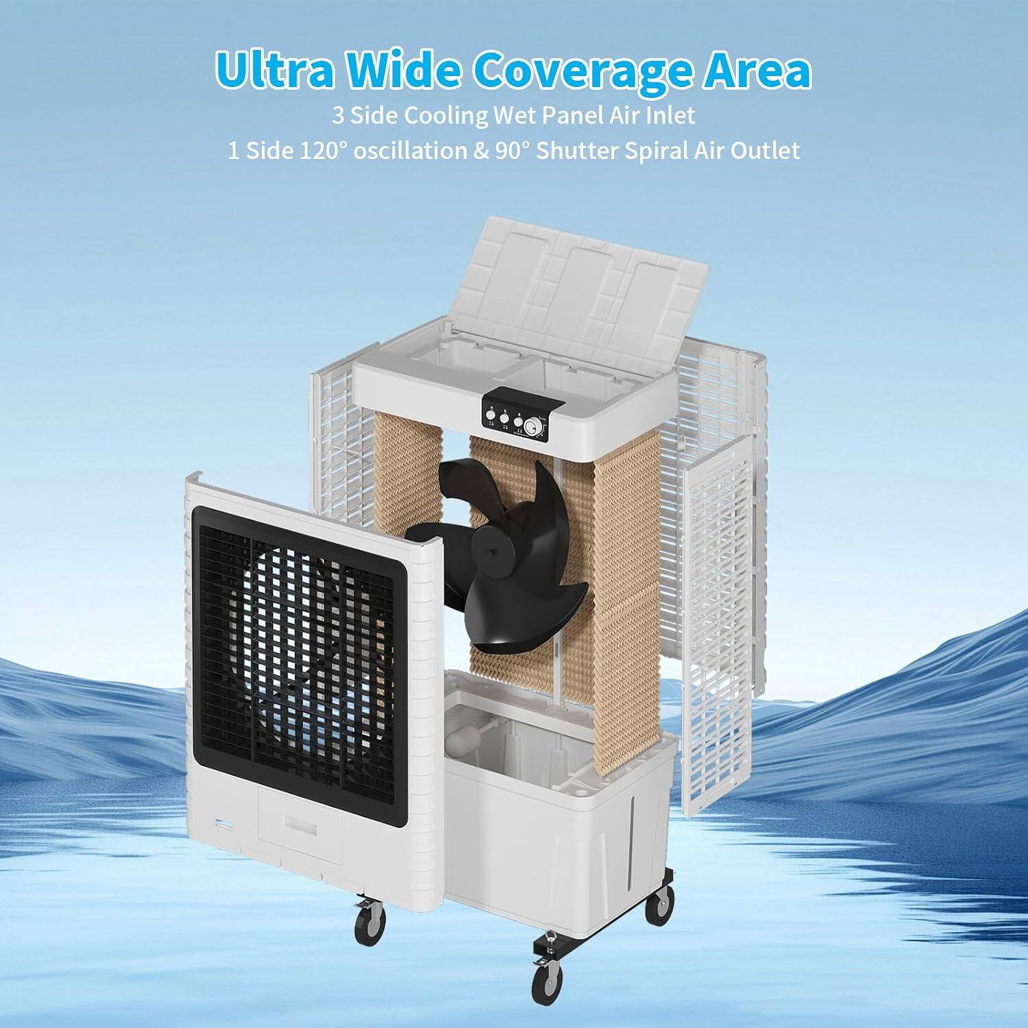 Ultra Wide Coverage Area  
3 Side Cooling Wet Panel Air Inlet  
1 Side 120° oscillation & 90° Shutter Spiral Air Outlet