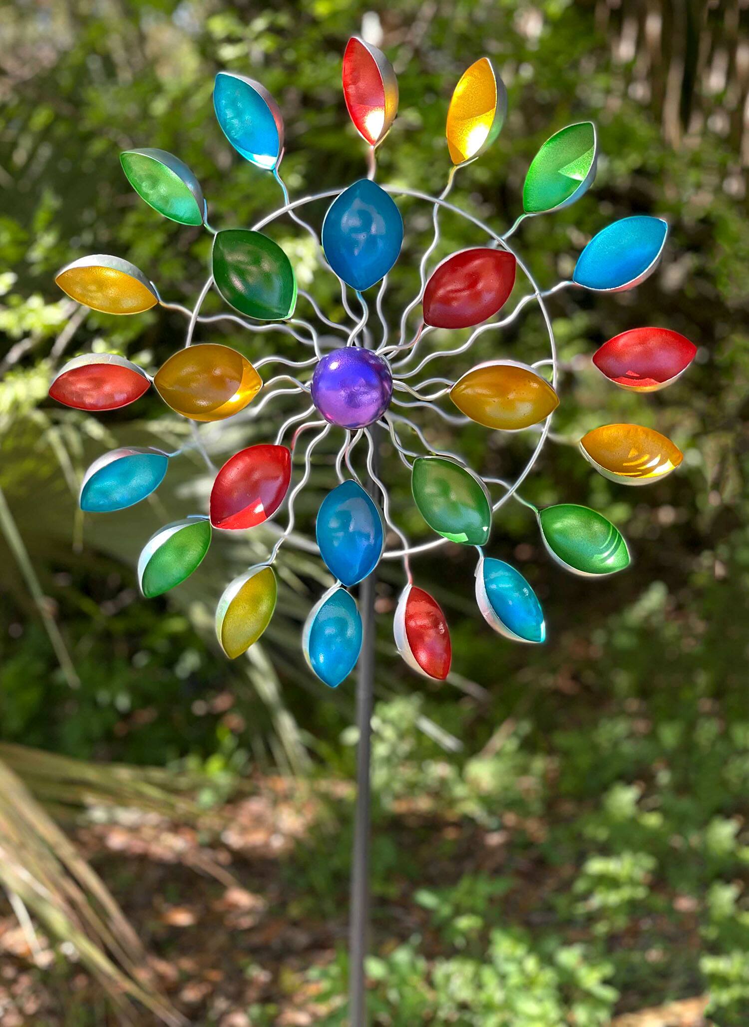 Alt View 2. Direct International - Colorful Anodized Finish Spoon Style Metal Wind Spinner Garden Stake 70 Inches - Multicolored.