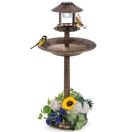 Costway - 3-In-1 Pedestal Bird Bath with Solar Light with Bird Feeder & Flower Planter - Antique Bronze